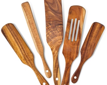 Wooden Spurtle Set Of 5 For Cooking, Acacia Wood Spatula, Wooden Spoons for Cooking, As Seen On TV Bamboo Spatulas, Premium Utensil Spoons