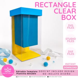 Puede incluir: Una caja rectangular transparente con tapa azul brillante y base amarilla. La caja incluye un panel interior azul. El texto en la imagen dice RECTANGLE CLEAR BOX, SVG FILES, STUDIO FILES, DXF FILES, INSTANT DOWNLOAD y Editable Template.