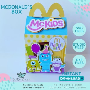 Happy Meal Box • Bearbeitbare Vorlage SVG DXF STUDIO • Schnittdatei für Silhouette Cricut • Digitale Party-Gastgeschenkbox