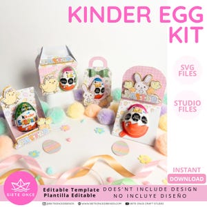 Puede incluir: Un kit de Kinder Sorpresa con embalaje temático de Pascua. El kit incluye cajas y tarjetas decorativas con imágenes de pollitos, conejos y huevos de Pascua. El texto "Kinder Egg Kit" se muestra en rosa. El kit también incluye archivos SVG y Studio.