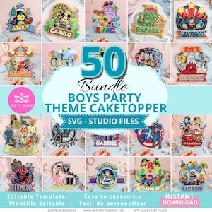 Puede incluir: Una colección digital de 50 diseños de adornos para pasteles personalizables con varios personajes de dibujos animados, nombres y edades. La imagen incluye el texto 50 Bundle BOYS PARTY THEME CAKETOPPER SVG - STUDIO FILES, Editable Template, INSTANT DOWNLOAD.