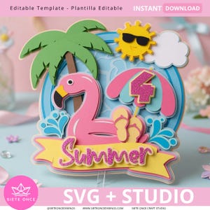 May include: A layered paper cake topper featuring a pink flamingo float, a green palm tree, a yellow sun with black sunglasses, a white cloud, and a pink beach umbrella with the number 4. A yellow banner displays the word Summer in pink glitter.