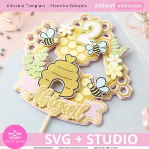 Honeycomb Party Cake Topper | Topper de Torta Panal y Abejas SVG Studio | Cumpleaños Temática Miel | Para Cricut y Cameo | Cake Topper File