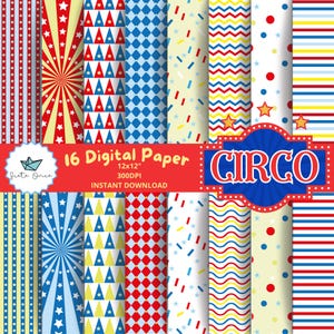 16 Circus Digital Papers, Scrapbook Pages. Seamless patterns, Digital download. Circus Party, Carnival Party, Colorful Party, Colorful.