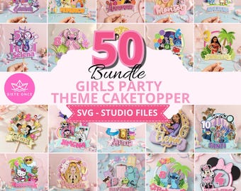 女の子の誕生日ケーキトッパーセット | 女の子の誕生日トッパーメガパック | SVG Studio | 50種類のデザイン | CricutとCameoに対応 | ファイル