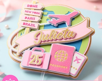 Travel Girl Cake Topper SVG | Travel Cake Topper | Passport Airplane | Girly Birthday | Travel Birthday | Cricut Cameo Cake Decoration File