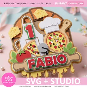 May include: A layered paper cake topper featuring a white chef apron with a red number 1, a white chef hat, a pizza on a wooden board, a pizza slice, a red tomato, a gray pizza cutter, and a rolling pin with the name FABIO in red letters.