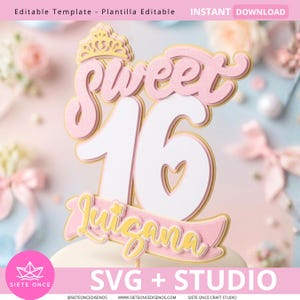 Puede incluir: Un adorno para pastel en capas con el texto sweet 16 y el nombre Luigana en letra cursiva. El diseño incluye una corona dorada en la parte superior, detalles en rosa brillante y el número 16 en blanco con un corazón recortado en una cinta.