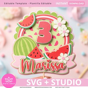 May include: A layered paper cake topper featuring a large glittery pink number 3, watermelon slices, and white flowers. A pink banner at the bottom displays the name Marissa in red script. The design includes green scalloped edges and pink accents.