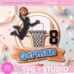 May include: A layered basketball-themed cake topper featuring a black silhouette of a player dunking a basketball, a white backboard, a grey net, the number 8 in black, and a light blue banner with the text German in a dark blue font.