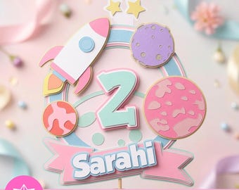 Girl Space Caketopper SVG | Space Cake Topper for Girl SVG Studio | Rocket Planets | Space Birthday | Cricut Cameo | Space Party