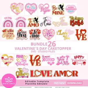 26 Valentine’s Day Cake Topper Bundle SVG Studio | 26 Cake Toppers San Valentín | Amor y Amistad | Español | English | Para Cricut y Cameo