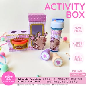 Aktivitätsbox für Stempel, Seifenblasen und Knete • Bearbeitbare Vorlage (SVG, DXF) • Studioio • Interaktive Seifenblasenbox • Digitale Dateien für Silhouette und Cricut