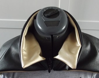 Adult cosplay superhero cape cloak with zip collar in black leatherette pvc fabric & contrasting lining