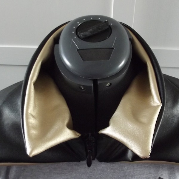 Adult cosplay superhero cape cloak with zip collar in black leatherette pvc fabric & contrasting lining