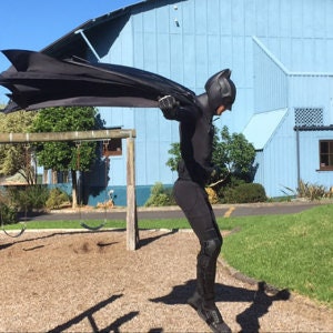 Scallop edge black leatherette superhero cape fully customized fit length and Bat edging