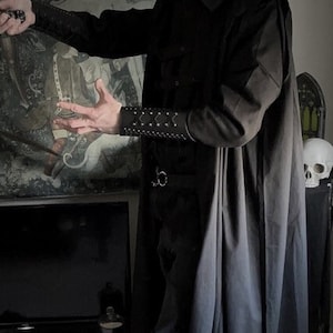 Black sleeveless cloak robe pointy hood in cotton drill fabric Death studio tour cosplay hood fit to mask strap option wand pocket option