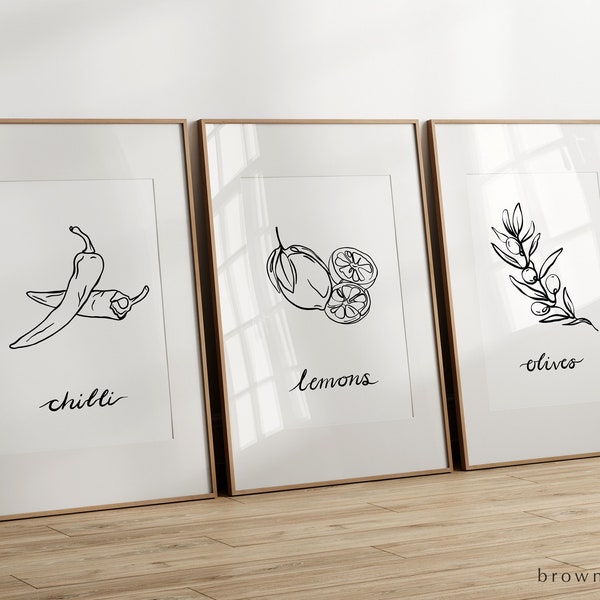 Kitchen Pantry Wall Art Set of 3 | Black & White Line Drawing | House Warming Gift | Dining Room Wall Decor | Food Poster