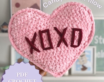 Crochet Candy Heart Pillow Pattern | Valentine&#39;s Day Decor (Digital Download)