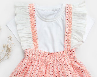 Peach stripe Hipsters Frilled Mini Frock | Soft Cotton T-Shirt | Toddler Mini Length Strap Frock for Baby Girl | Floral Baby Kids Dress