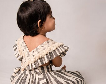 Grey Stripes Baby Frilled Frock With Crochette Lace cotton frocks Knee Length Frocks for baby Girl Black and white Dress