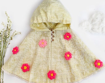 Lemon Embroidered Hoodie Party Poncho Top Baby Girls Spring collection Birthday Gift Baby Girl Collection Handmade Flowers Summer Top