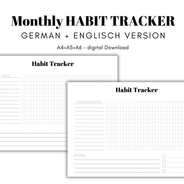 Habit Tracker auf Deutsch, Gewohnheiten tracker, habit tracker, weight loss tracker, goals, personal growth, minimalistisch, pdf, overview