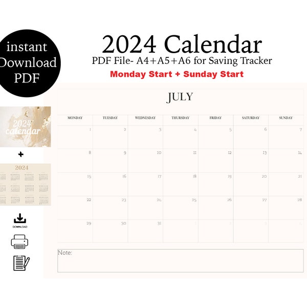 Druckbarer Kalender 2024 | Monatsplaner 2024 | Letter, A3 | Landschaft | Montag & Sonntag Start | Minimalistisch | Herunterladen | Digital