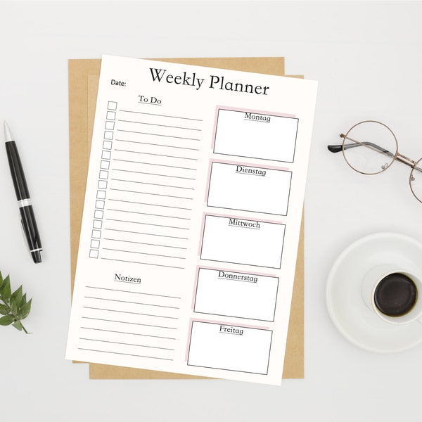 Weekly Planner, Printable Weekly Planner, Wochenlanger, Sofortiger Download, Druckbarer Planner, A4, A5, TO DO Liste, Zielplanner