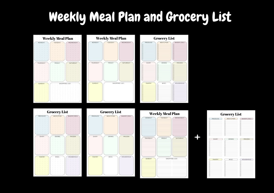 Food List, Grocery List, Printable Weekly Meal Plan Shopping List, Market List, Weekly Menu ...