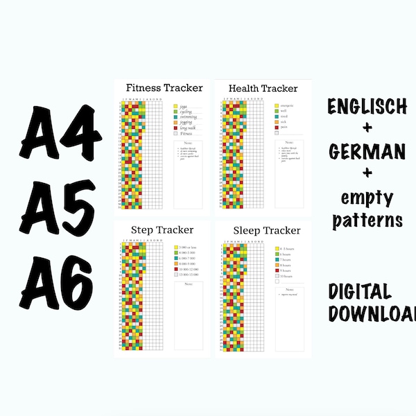 Health Tracker, Fitness Tracker, A5, A6,A4, DRUCKBAR digital, Schritt, Step Tracker, Schlaf, Sleep, Depression Tagebuch, Gesundheit Tracker