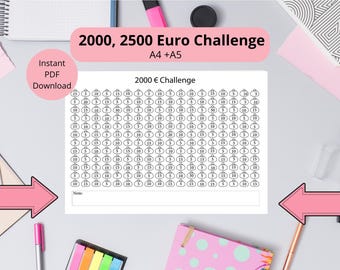 2000 Euro Challenge, 2500 Euro Challenge, Sparhilfe, Bundle, Sofortdruck, Sparchalleng, Instant Download Set, A4, A6 Planer Einlagen, Sparen