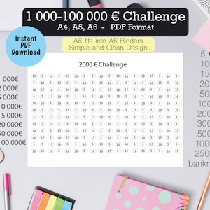 Puede incluir: Un gráfico de desafío de 2000 euros imprimible para ahorrar dinero. El gráfico incluye una lista de denominaciones de 5 euros a 2500 euros, con círculos para marcar cada denominación a medida que se guarda.