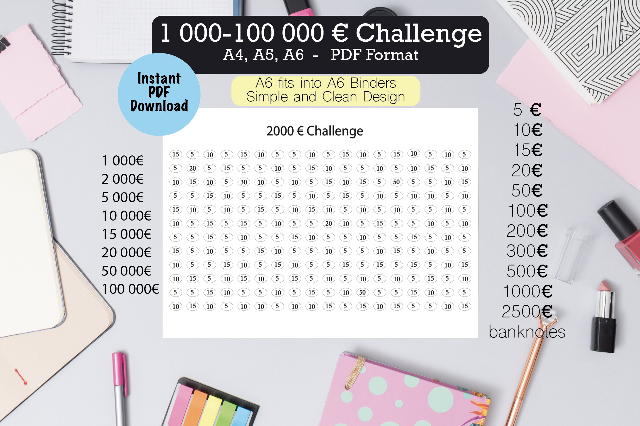 2000 Euro Challenge, 1000 Euro Challenge, Sparhilfe, Bundle, Sofortdruck, Sparchallenge, Instant Download Set, A5, A6 Planer Einlagen,Sparen