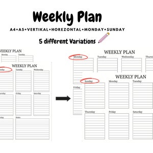 May include: Five different weekly planner templates with blank lines for writing. The templates are labelled "Weekly Plan" and include days of the week, such as Monday, Tuesday, Wednesday, Thursday, Friday, Saturday, and Sunday.