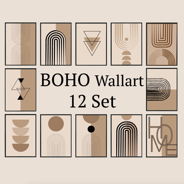 12 Set Boho Wallart prints, Boho, Poster, Druck, Wohnzimmer Deco, Vintage Design, Abstrakte Kunst, Wandkunst, digitaler Download, Ästhetisch