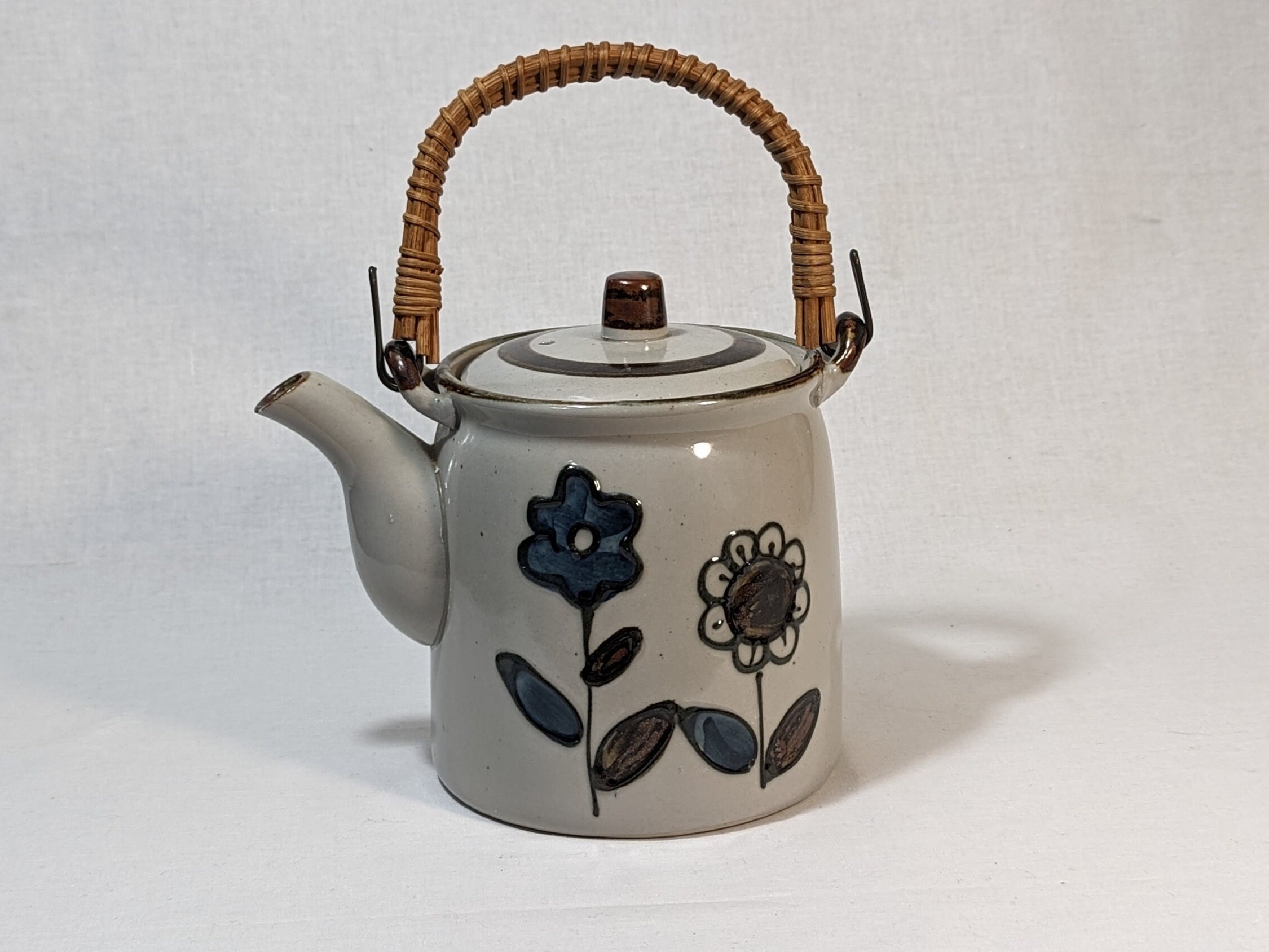 Vintage Wicker Handle Blue Flowers Ceramic Tea Pot - Etsy