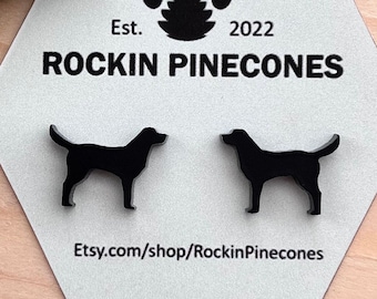 May include: Black dog silhouette stud earrings. The earrings are displayed on a light gray hexagonal card with the text "ROCKIN PINECONES" and the Etsy shop URL. The card also features a paw print and pine tree logo.