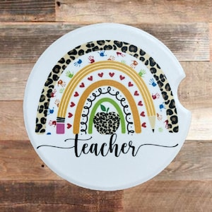 Teacher car coasters | Teacher gifts | Sandstone Teacher Car Coasters | Custom Teacher coasters | Teacher Christmas gifts | Leopard Rainbow