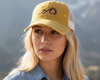 Mountain Wave Sun Embroidered Baseball Cap, 3 Styles of Hats, Nature Hiking Hat, Women’s Ball Cap, Personalized Gift for Friend, Camping