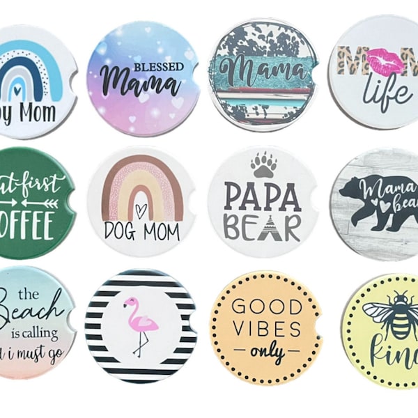 Sandstone car coasters | Mama bear | Papa bear | Dog Mom gifts | Coffee lover | Good Vibes only | Bee Kind | Baby Shower gifts | Beach lover