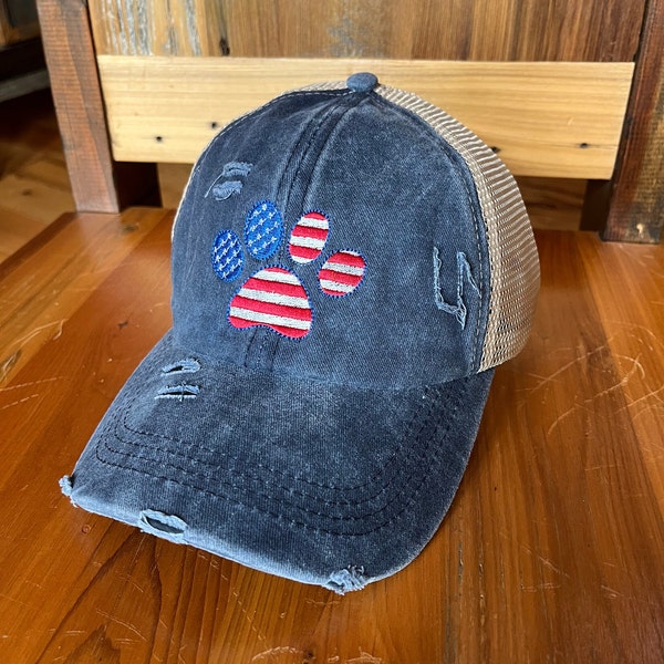 Flag Paw Embroidered Distressed Criss Cross Ponytail Cap with Mesh Back | American Flag | Custom Embroidered | Baseball Cap | Dog Lovers Hat