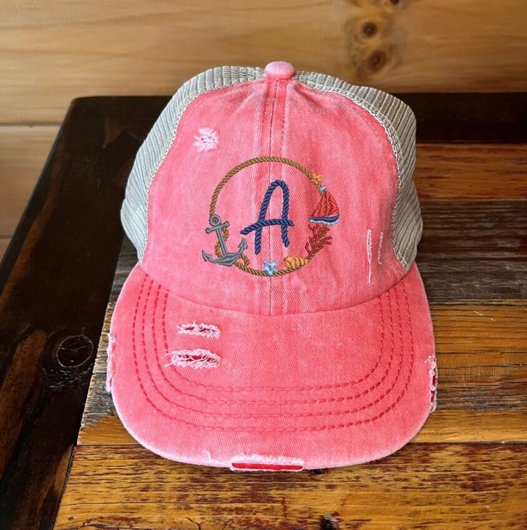 Nautical Monogram Embroidered Hat, Distressed Baseball Cap  display picture 2
