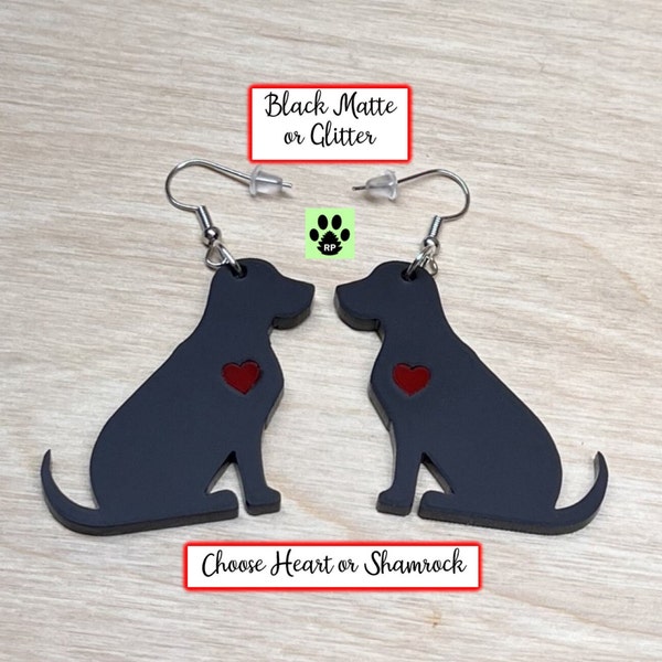 Black Dog Heart Earrings | Labrador Earrings Dangle | Dog Lovers Earrings | Lucky Dog Lab Earrings | Dog Mom Gifts | Shamrock Dog Earrings