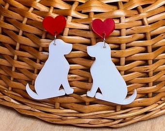White Dog Earrings | Heart Dog Earrings | Acrylic Dog Dangles | White Labrador Earrings | Dog Mom Gifts | Dog Lovers Gift | Lab Earrings