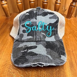 Salty Embroidered Distressed Criss Cross Ponytail Cap with Mesh Back, Custom Embroidered Salty Hat | Baseball Cap | Fun Summer Beach Hat
