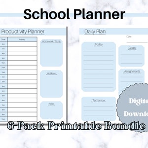 Könnte beinhalten: Ein druckbares Schulplaner-Paket in blau-weißem Farbschema. Der Planer enthält einen Produktivitätsplaner und einen Tagesplaner. Der Text "6-Pack Printable Bundle" befindet sich am unteren Rand des Bildes.