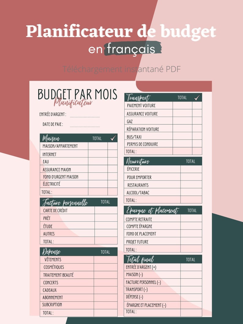 Monthly printable budget for account management and monthly and annual financial monitoring, A4, A5, PDF image 1