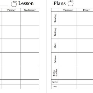 May include: A black and white printable weekly lesson planner with sections for Monday through Friday, including reading, writing, math, science, social studies, specials, and duty. The planner also includes a notes section with prompts for "What made my week as sweet as apple pie" and "The worm in my apple this week."