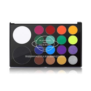 May include: A professional face and body makeup palette with a black case. The palette contains a large white circle, a black circle, and 16 vibrant colors, including shades of pink, red, orange, yellow, green, blue, purple, and silver. The text "PLANETOID PRO FACE PAINT" is printed on the palette.